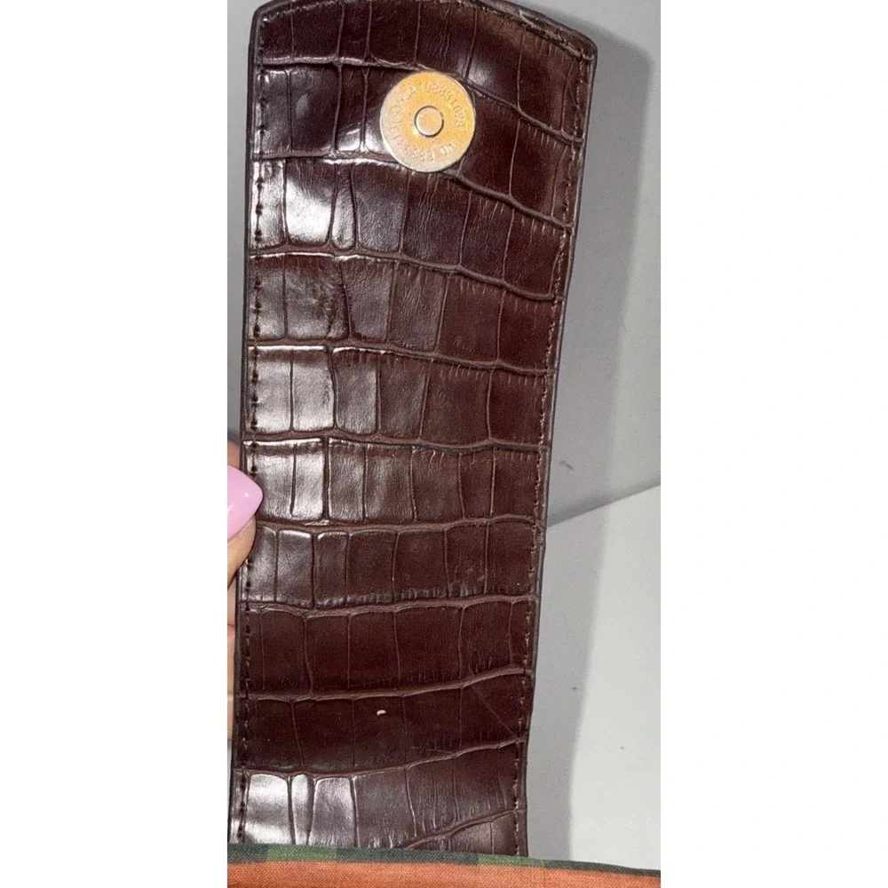 Vintage Brighton Style Y2K Handbag Brown Leather Hearts Trim Plaid Straw Purse